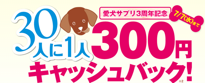 【愛犬サプリ3周年記念】30人に1人300円キャッシュバック！（※） 7/7（水）まで