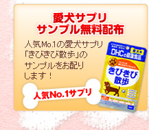 愛犬サプリ
サンプル無料配布
人気Mo.1の愛犬サプリ「きびきび散歩」のサンプルをお配りします！