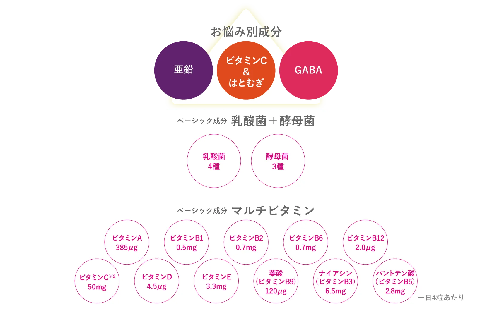 お悩み別成分（亜鉛・ビタミンC&はとむぎ・GABA）、ベーシック成分 乳酸菌＋酵母菌（乳酸菌4種・酵母菌3種）、ベーシック成分 マルチビタミン（ビタミンA 385μg、ビタミンB1 0.5mg、ビタミンB2 0.7mg、ビタミンB6 0.7mg、ビタミンB12 2.0μg、ビタミンC 50mg、ビタミンD 4.5μg、ビタミンE 3.3mg、葉酸（ビタミンB9）120μg、ナイアシン（ビタミンB3）6.5mg、パントテン酸（ビタミンB5）2.8mg）一日4粒あたり