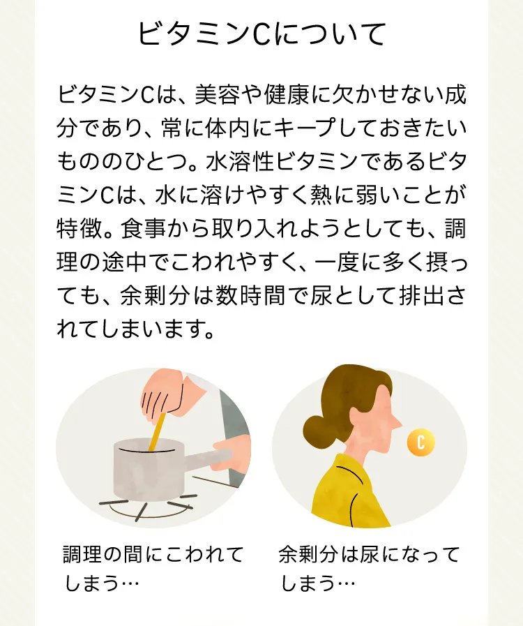 ビタミンCについて ビタミンCは、美容や健康に欠かせない成分であり、常に体内にキープしておきたいもののひとつ。水溶性ビタミンであるビタミンCは、水に溶けやすく熱に弱いことが特徴。食事から取り入れようとしても、調理の途中でこわれやすく、一度に多く摂っても、余剰分は数時間で尿として排出されてしまいます。 調理の間にこわれてしまう… 余剰分は尿になってしまう…