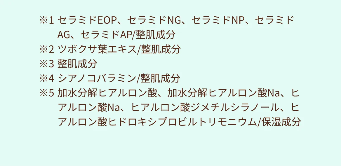 ※1セラミドEOP、セラミドNG、セラミドNP、セラミドAG、セラミドAP/整肌成分　※2ツボクサ葉エキス/整肌成分　※3整肌成分　※4シアノコバラミン/整肌成分　※5加水分解ヒアルロン酸、加水分解ヒアルロン酸Na、ヒアルロン酸Na、ヒアルロン酸ジメチルシラノール、ヒアルロン酸ヒドロキシプロビルトリモニウム/保湿成分