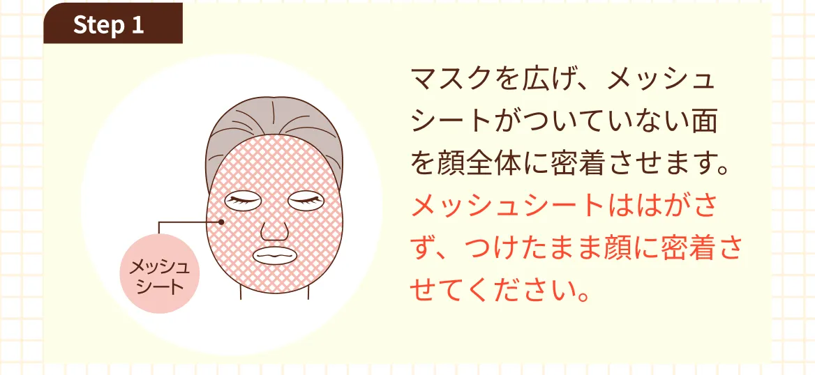 Step 1 マスクを広げ、メッシュシートがついていない面を顔全体に密着させます。メッシュシートははがさず、つけたまま顔に密着させてください。