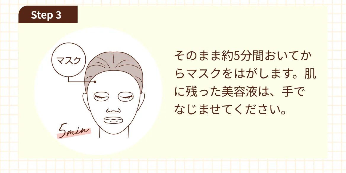 Step 3 そのまま約5分間おいてからマスクをはがします。肌に残った美容液は、手でなじませてください。