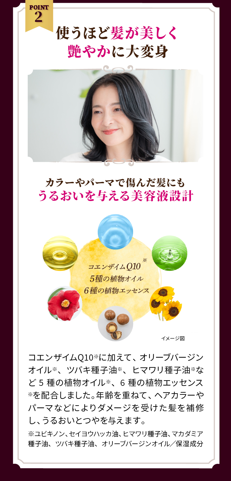 POINT2 使うほど髪が美しく艷やかに大変身 カラーやパーマで傷んだ髪にもうるおいを与える美容液設計