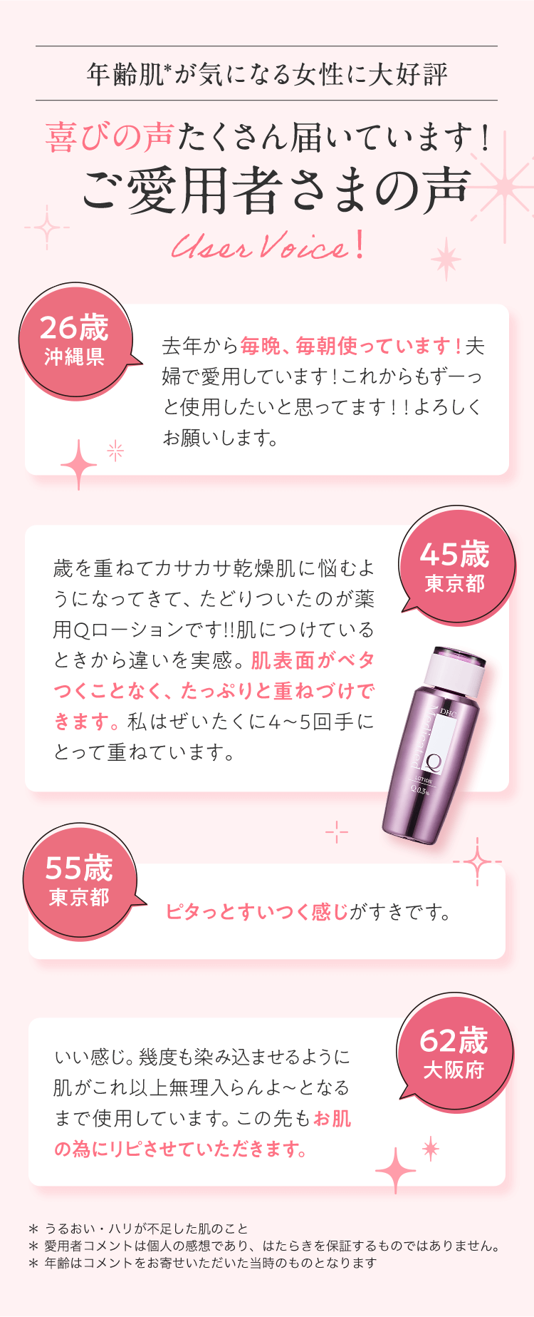 年齢肌＊が気になる女性に大好評 喜びの声たくさん届いています！ご愛用者さまの声