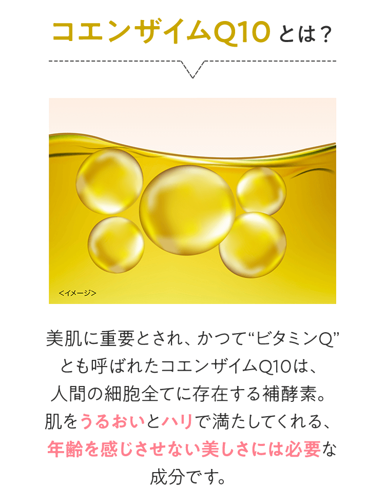 コエンザイムQ10 とは？美肌に重要とされ、かつてビタミンQとも呼ばれたコエンザイムQ10は、人間の細胞全てに存在する補酵素。肌をうるおいとハリで満たしてくれる、年齢を感じさせない美しさには必要な成分です。