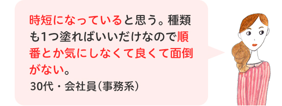 時短になっていると思う。種類も１つ塗ればいいだけなので順番とか気にしなくて良くて面倒がない。30代・会社員(事務系)