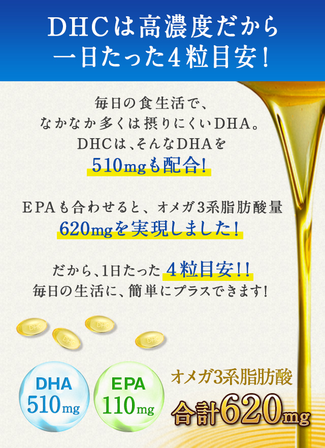 DHC�͍��Z�x���������������S���ڈ��I�����̐H�����ŁA�Ȃ��Ȃ������͐ۂ�ɂ���DHA�B
DHC�́A�����DHA��510mg���z���IEPA�����킹��ƁA�I���K3�n���b�_��620mg���������܂����I�I������A�P���������S���ڈ��I�I�����̐����ɁA�ȒP�Ƀv���X�ł��܂��I
