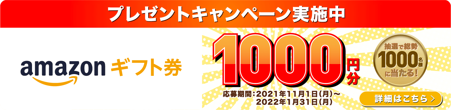 プレゼントキャンペーン実施中　amazonギフト券　1000円分　応募期間：2021年11月1日（月）〜2022年1月31日（月）　抽選で総勢1000名様に当たる！　詳細はこちら